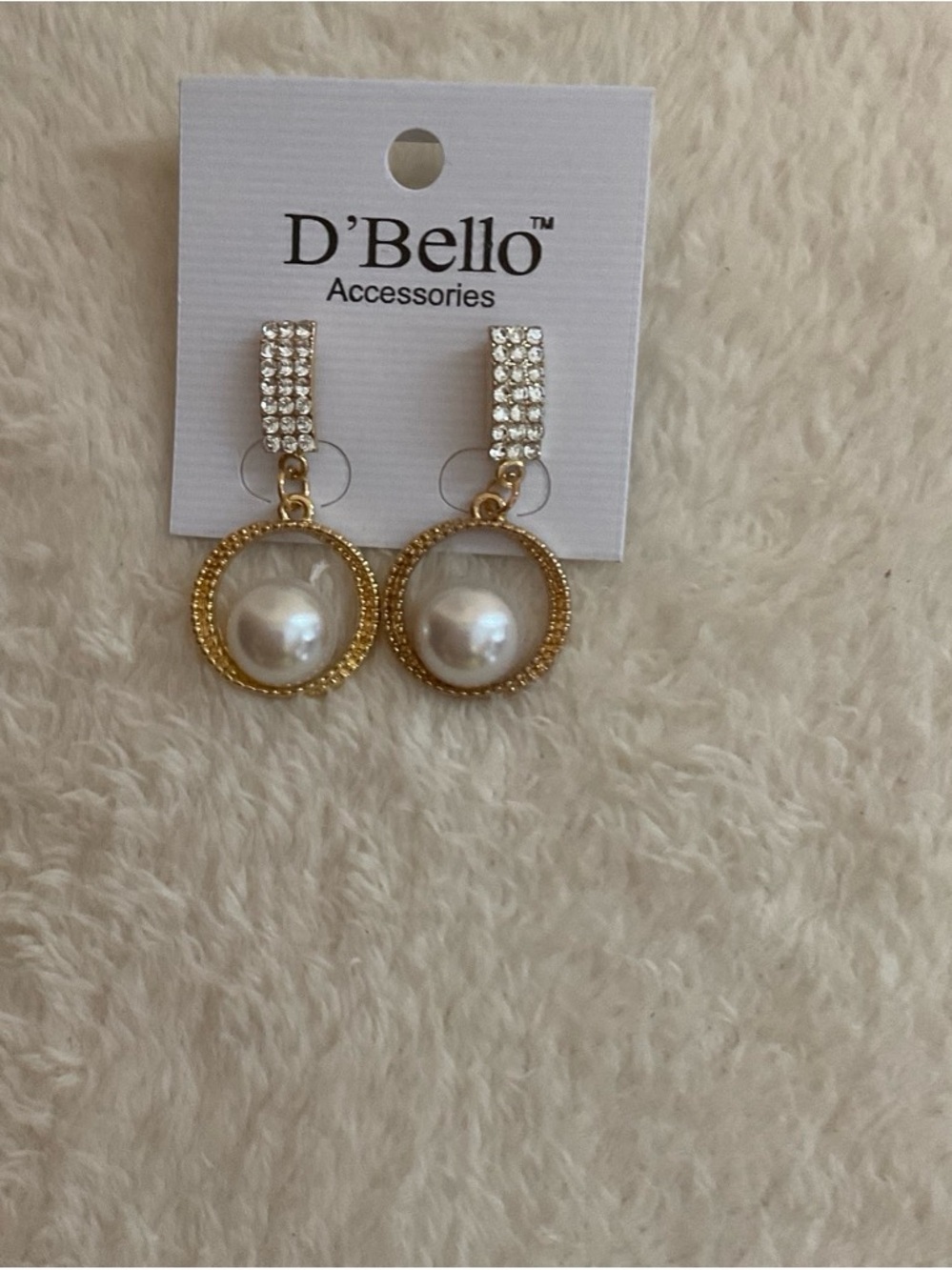 D'Bello Gold Pearl Drop Earrings with Crystal Tops
